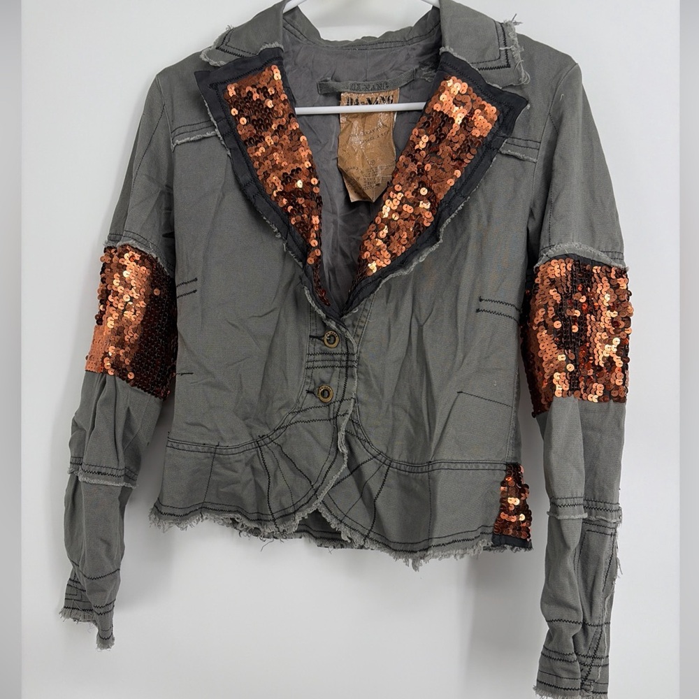 Da Nang Sequin Blazer Jacket Sz Extra Small Cotton Silk Lining Distressed